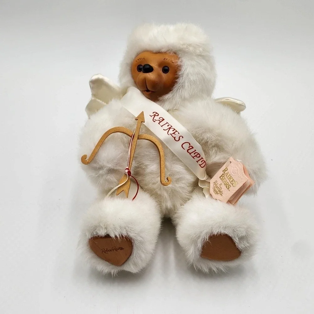 Vintage 1990 Robert Raikes Cupid Bear Angel Wings Wood Face Plush With Tag 9